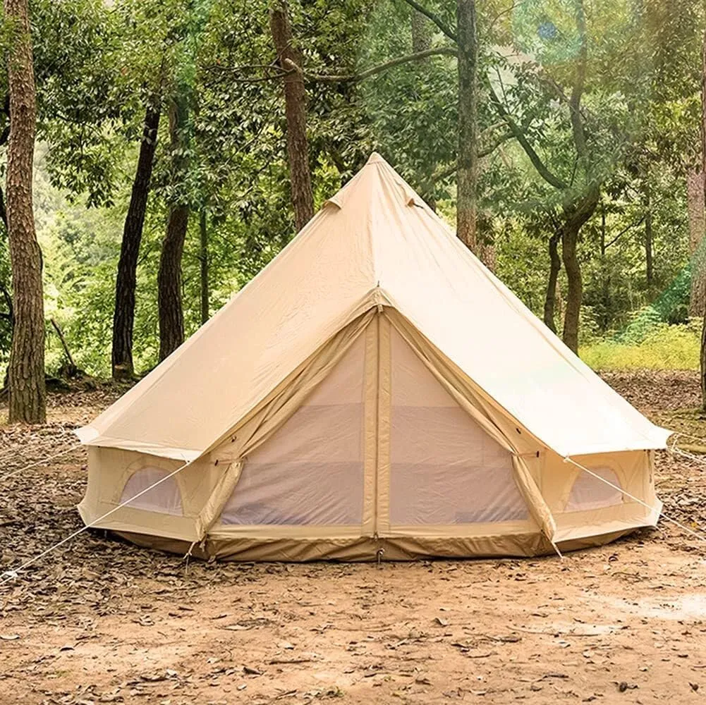 Canvas Bell Tent -Camping Pyramid Tipi Tents 4-Person Waterproof UV Resistant Family Outdoor 3 Seasons with Stove Hole Yurt Tent