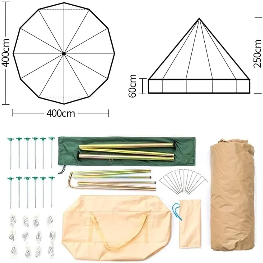 Canvas Bell Tent -Camping Pyramid Tipi Tents 4-Person Waterproof UV Resistant Family Outdoor 3 Seasons with Stove Hole Yurt Tent