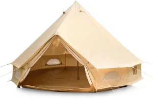 Canvas Bell Tent -Camping Pyramid Tipi Tents 4-Person Waterproof UV Resistant Family Outdoor 3 Seasons with Stove Hole Yurt Tent