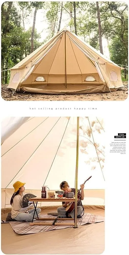 Canvas Bell Tent -Camping Pyramid Tipi Tents 4-Person Waterproof UV Resistant Family Outdoor 3 Seasons with Stove Hole Yurt Tent