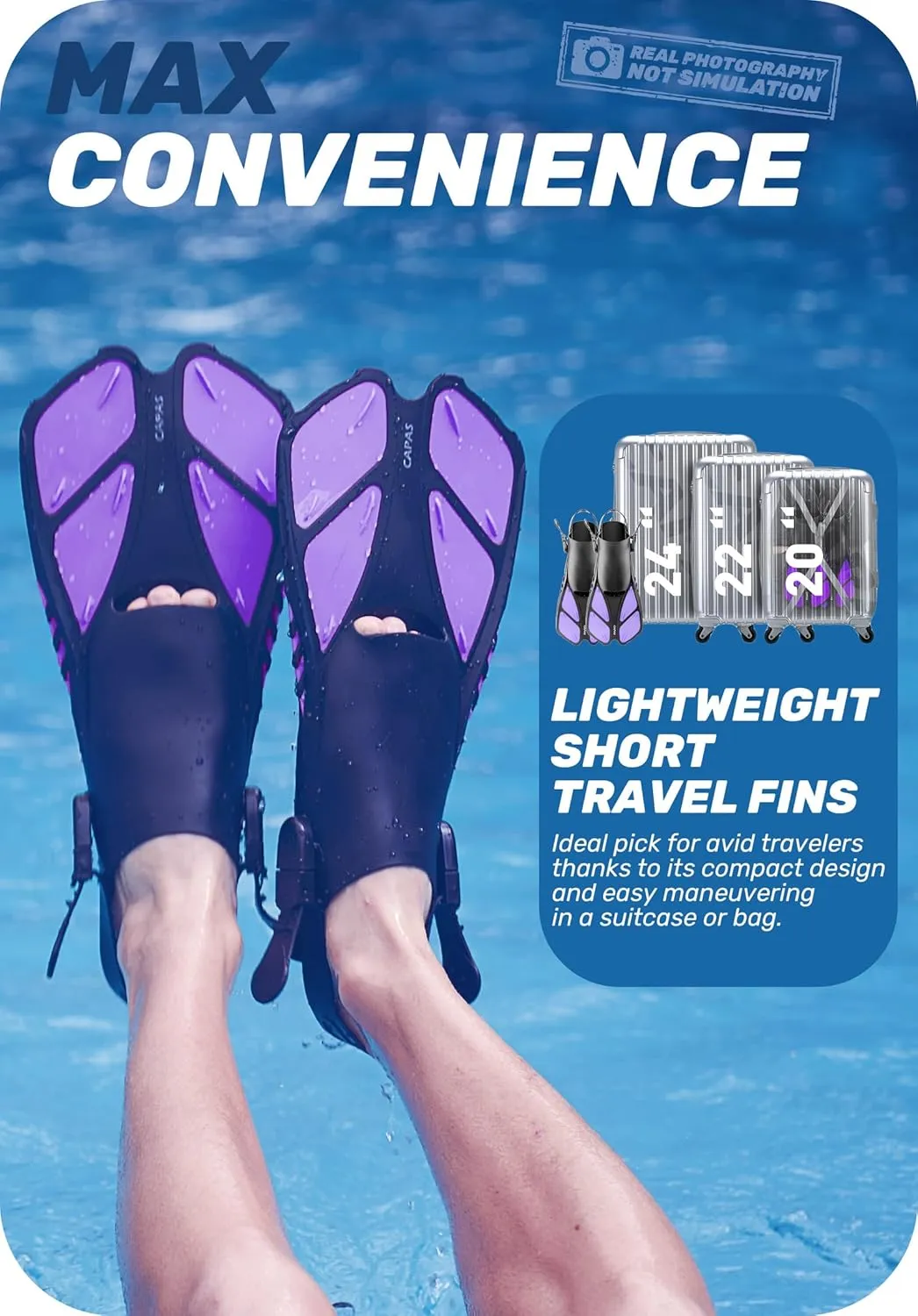 CAPAS Snorkel Fins, Swim Fins Travel Size Short Adjustable for Snorkeling Diving Adult Men Women Kids Open Heel Swimming Flippers