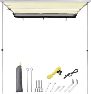 Car Side Awning with LED Light Pull Out Tent Shelter PU2000mm UV50  Shade SUV Outdoor Camping Beige, 6.6x8.2'