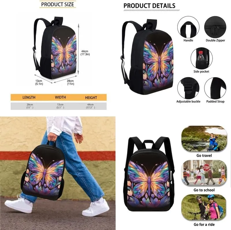 Cartoon Butterfly Floral Print Students School Backpacks with Lunch Box Pencil Case Bags Colorful Geometry Butterflies Travel Daypack Bookbag Set for Student