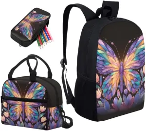 Cartoon Butterfly Floral Print Students School Backpacks with Lunch Box Pencil Case Bags Colorful Geometry Butterflies Travel Daypack Bookbag Set for Student