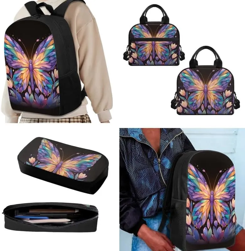 Cartoon Butterfly Floral Print Students School Backpacks with Lunch Box Pencil Case Bags Colorful Geometry Butterflies Travel Daypack Bookbag Set for Student