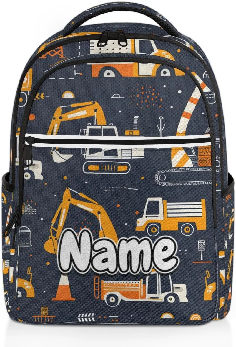 Cartoon Cute Excavator Personalized Laptop Backpack with Name Custom Shoulder Bags for Women Men Waterproof Travel Casual Daypack Laptop Bag Gifts 16.1in