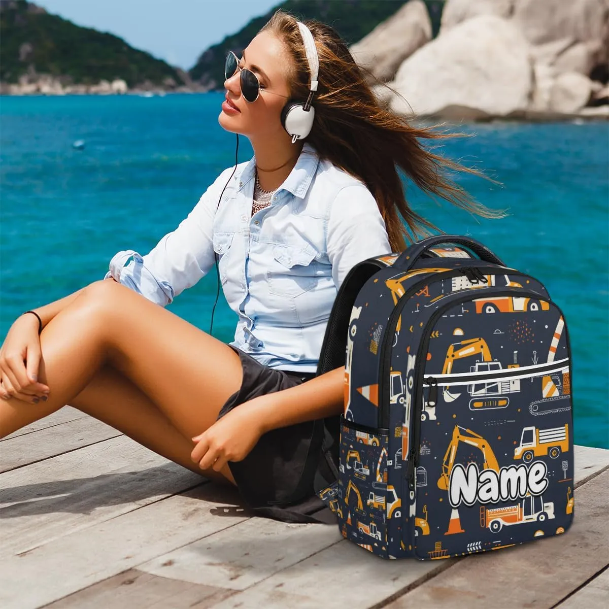 Cartoon Cute Excavator Personalized Laptop Backpack with Name Custom Shoulder Bags for Women Men Waterproof Travel Casual Daypack Laptop Bag Gifts 16.1in