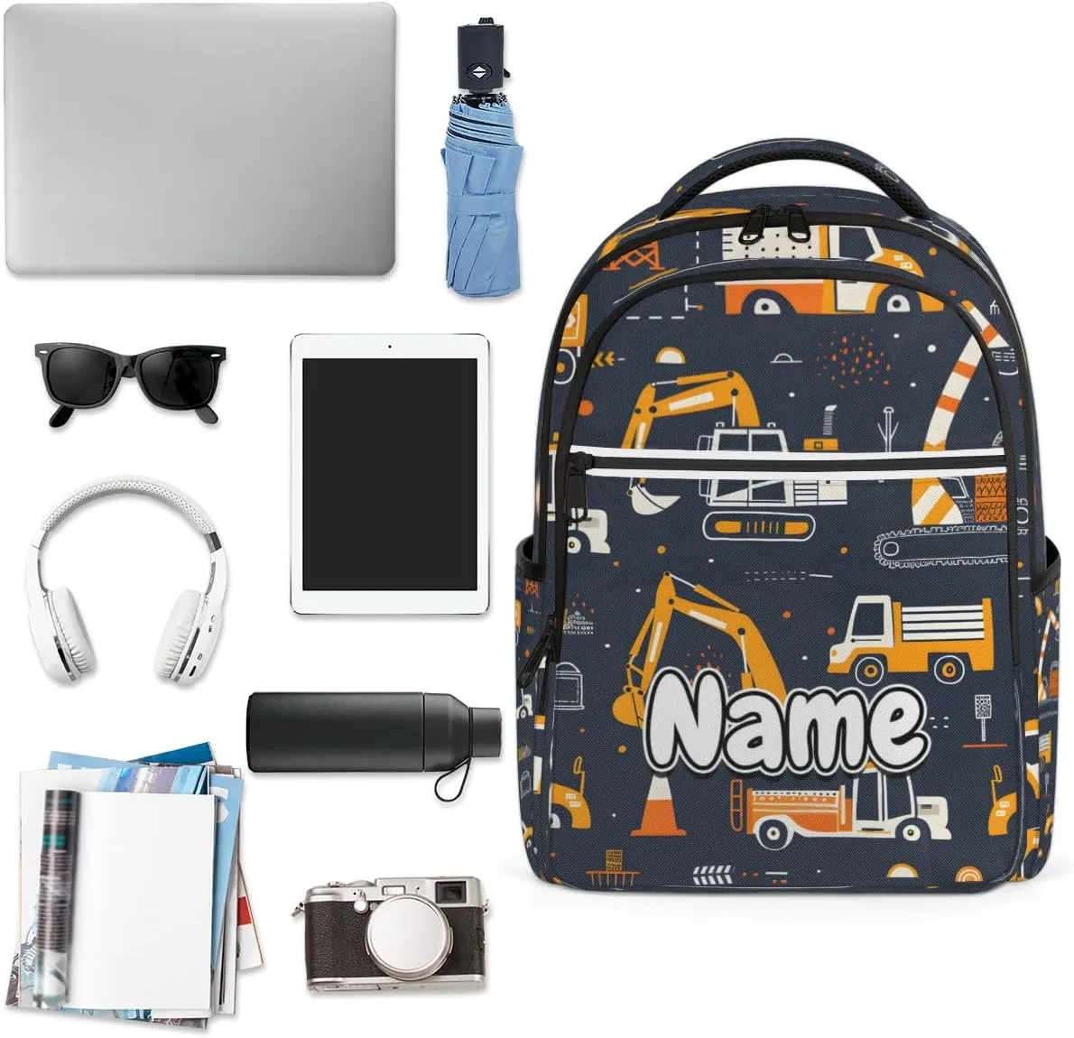 Cartoon Cute Excavator Personalized Laptop Backpack with Name Custom Shoulder Bags for Women Men Waterproof Travel Casual Daypack Laptop Bag Gifts 16.1in