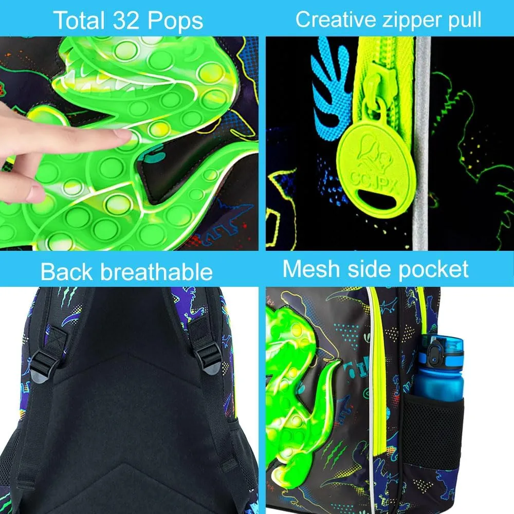 CCJPX 3PCS Dinosaur Backpack for Boys, 16”Kids Water Resistant Elementary Preschool Kindergarten School Bookbag with Lunch Box - Green