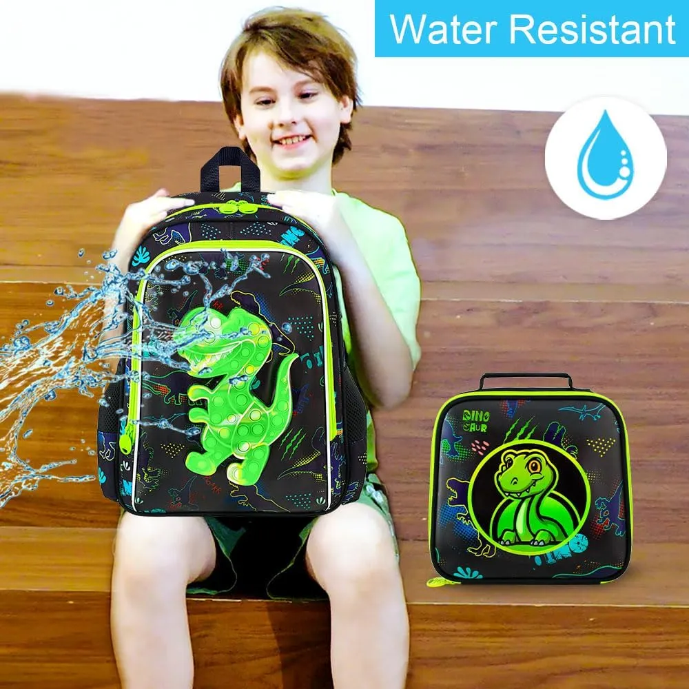 CCJPX 3PCS Dinosaur Backpack for Boys, 16”Kids Water Resistant Elementary Preschool Kindergarten School Bookbag with Lunch Box - Green