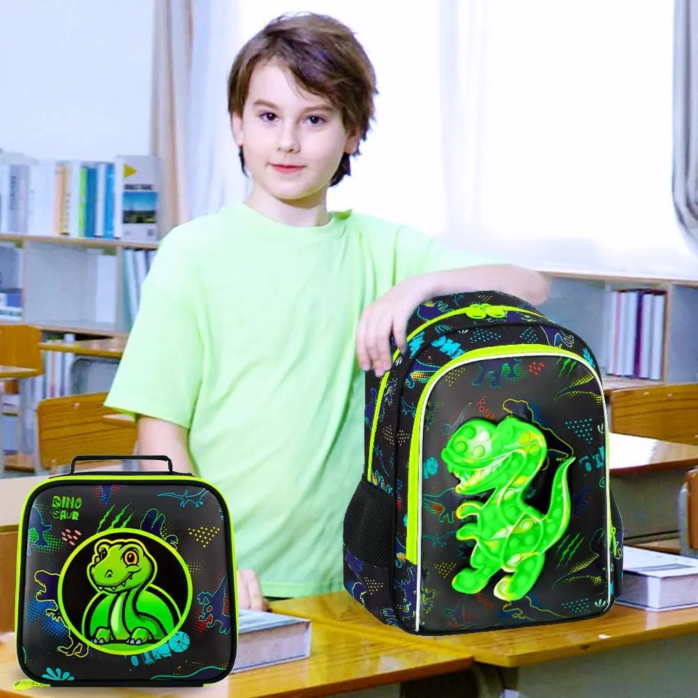 CCJPX 3PCS Dinosaur Backpack for Boys, 16”Kids Water Resistant Elementary Preschool Kindergarten School Bookbag with Lunch Box - Green