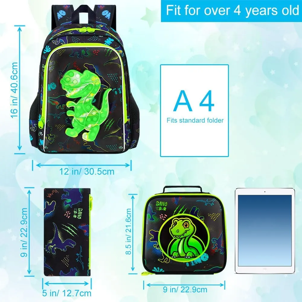 CCJPX 3PCS Dinosaur Backpack for Boys, 16”Kids Water Resistant Elementary Preschool Kindergarten School Bookbag with Lunch Box - Green