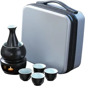 Ceramic Sake Set with Warmer Pot, Traditional Pottery Hot Cold Saki Drink Set, 8 Pieces Include 1 Stove, 1 Warming Bowl, 1 Sake Pot, 4 Sake Cups, 1 Storage Bag