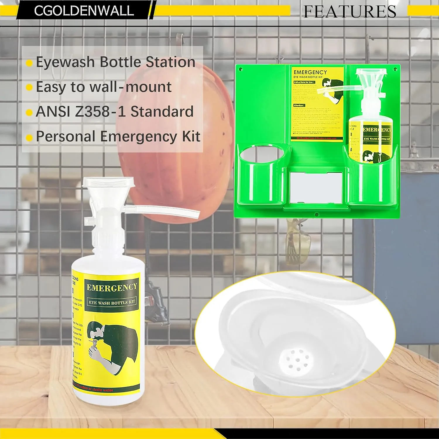 CGOLDENWALL Portable Eye Wash Station Wall Mounted Eyewash Station Emergency Eye Wash Kit, 16.09oz per Eyewash Bottle, No Eyewash Solution, with a Free Eyewash Sign