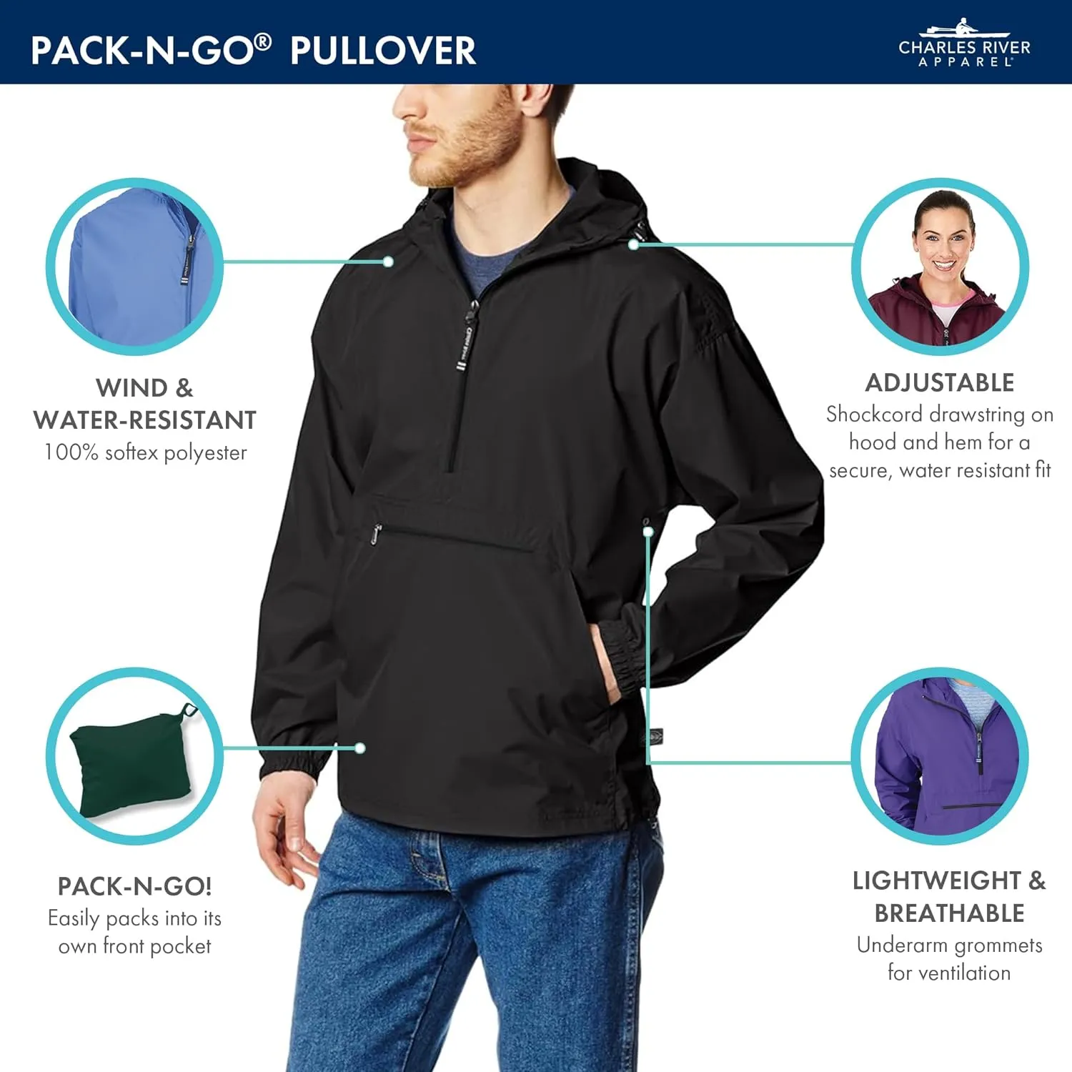 Charles River Pack-n-go Wind & Water-resistant Pullover (Reg/Ext Sizes)