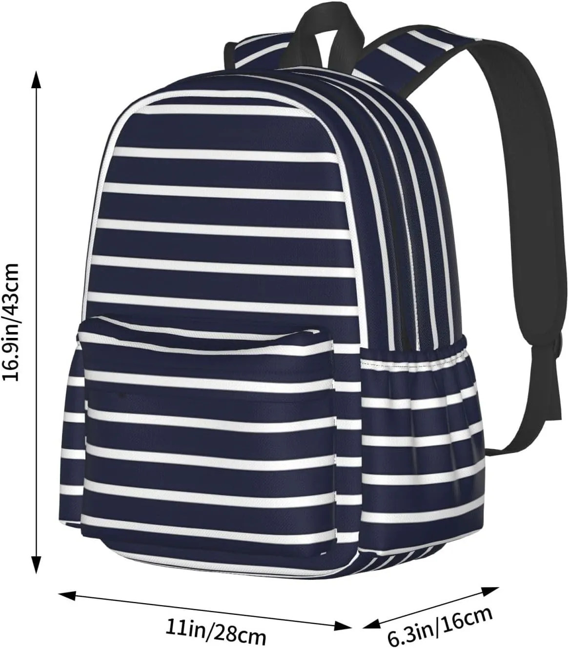 Classic Navy Blue And White Stripes Horizontal Striped Laptop Backpacks Double Shoulder Laptop Pack Bag Casual Back Pack Lightweight Daypack Bags With Side Pockets For Business Travel Hiking