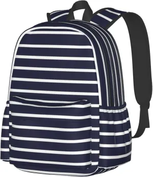 Classic Navy Blue And White Stripes Horizontal Striped Laptop Backpacks Double Shoulder Laptop Pack Bag Casual Back Pack Lightweight Daypack Bags With Side Pockets For Business Travel Hiking