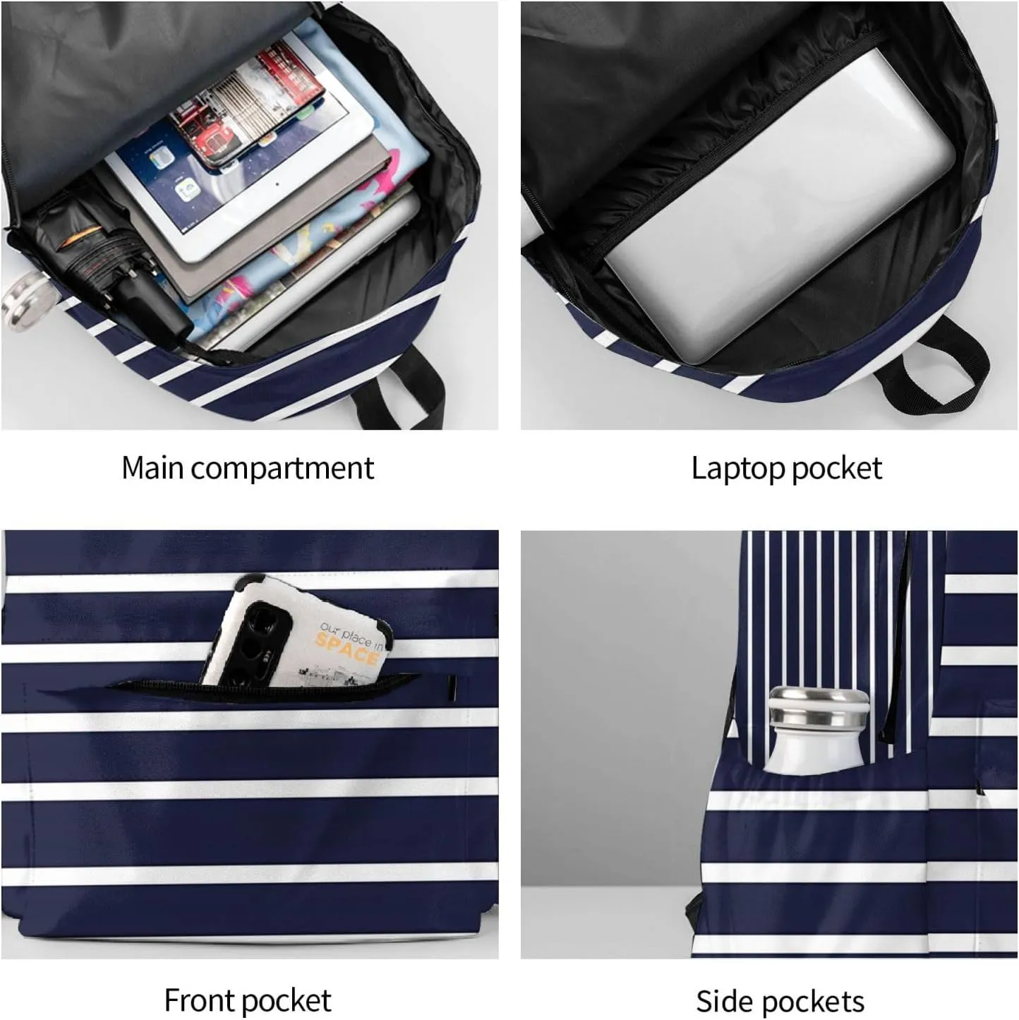 Classic Navy Blue And White Stripes Horizontal Striped Laptop Backpacks Double Shoulder Laptop Pack Bag Casual Back Pack Lightweight Daypack Bags With Side Pockets For Business Travel Hiking