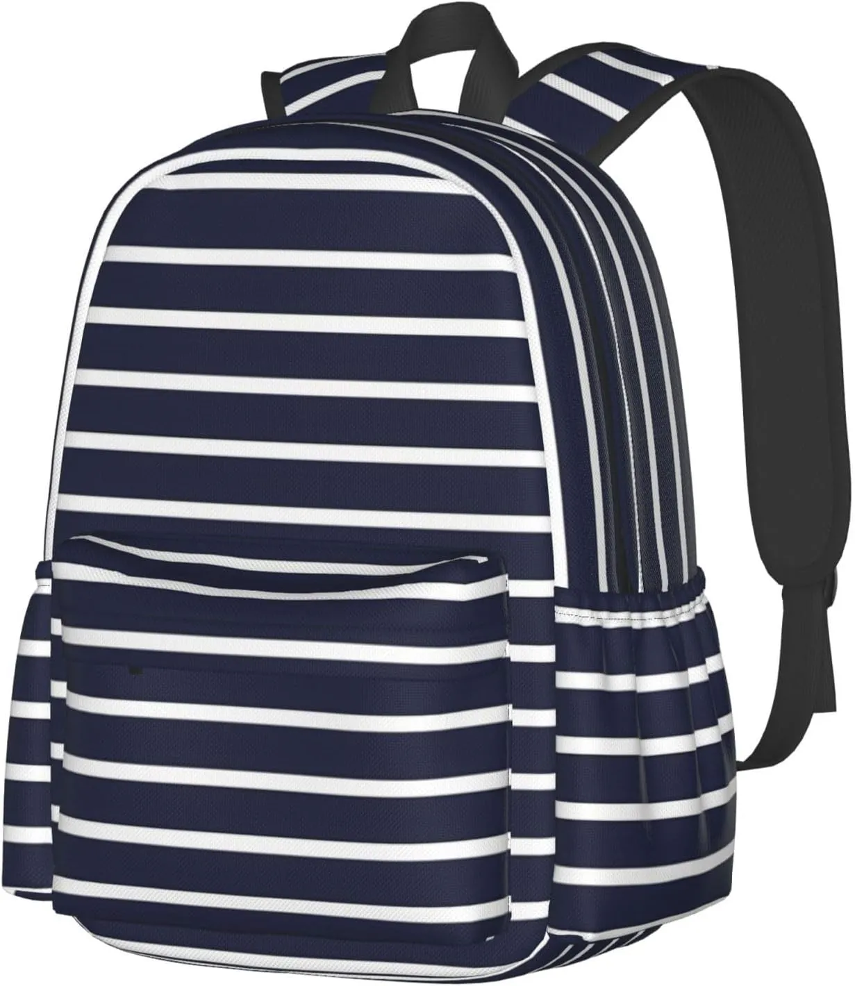 Classic Navy Blue And White Stripes Horizontal Striped Laptop Backpacks Double Shoulder Laptop Pack Bag Casual Back Pack Lightweight Daypack Bags With Side Pockets For Business Travel Hiking