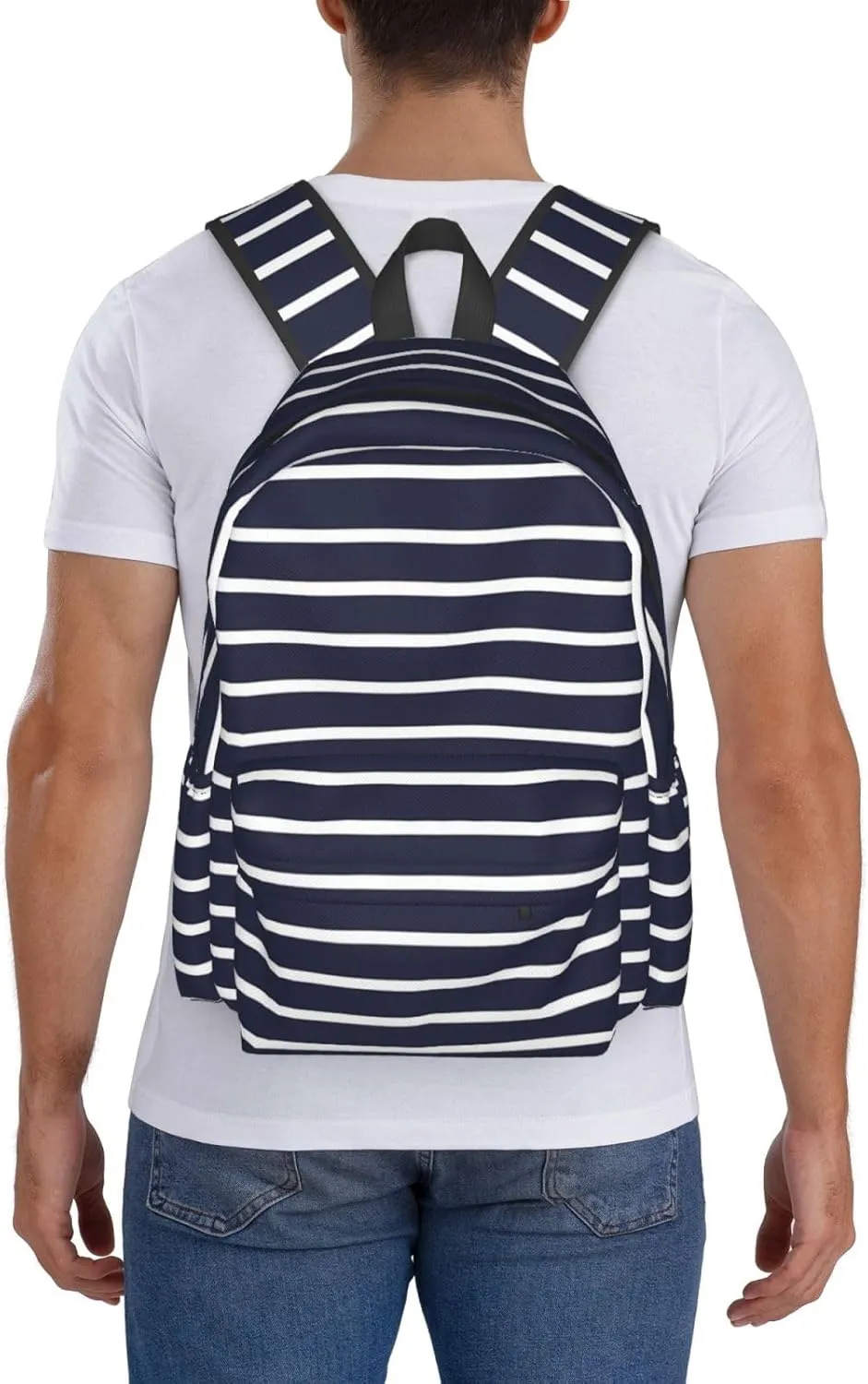 Classic Navy Blue And White Stripes Horizontal Striped Laptop Backpacks Double Shoulder Laptop Pack Bag Casual Back Pack Lightweight Daypack Bags With Side Pockets For Business Travel Hiking