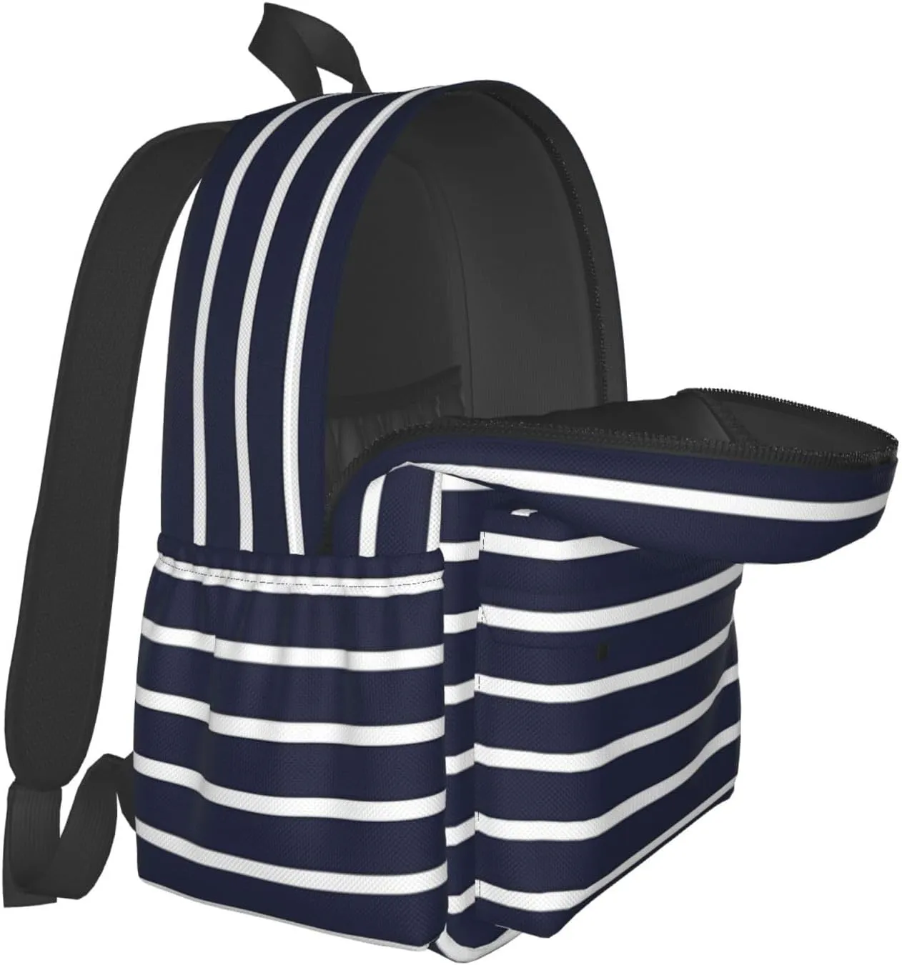 Classic Navy Blue And White Stripes Horizontal Striped Laptop Backpacks Double Shoulder Laptop Pack Bag Casual Back Pack Lightweight Daypack Bags With Side Pockets For Business Travel Hiking