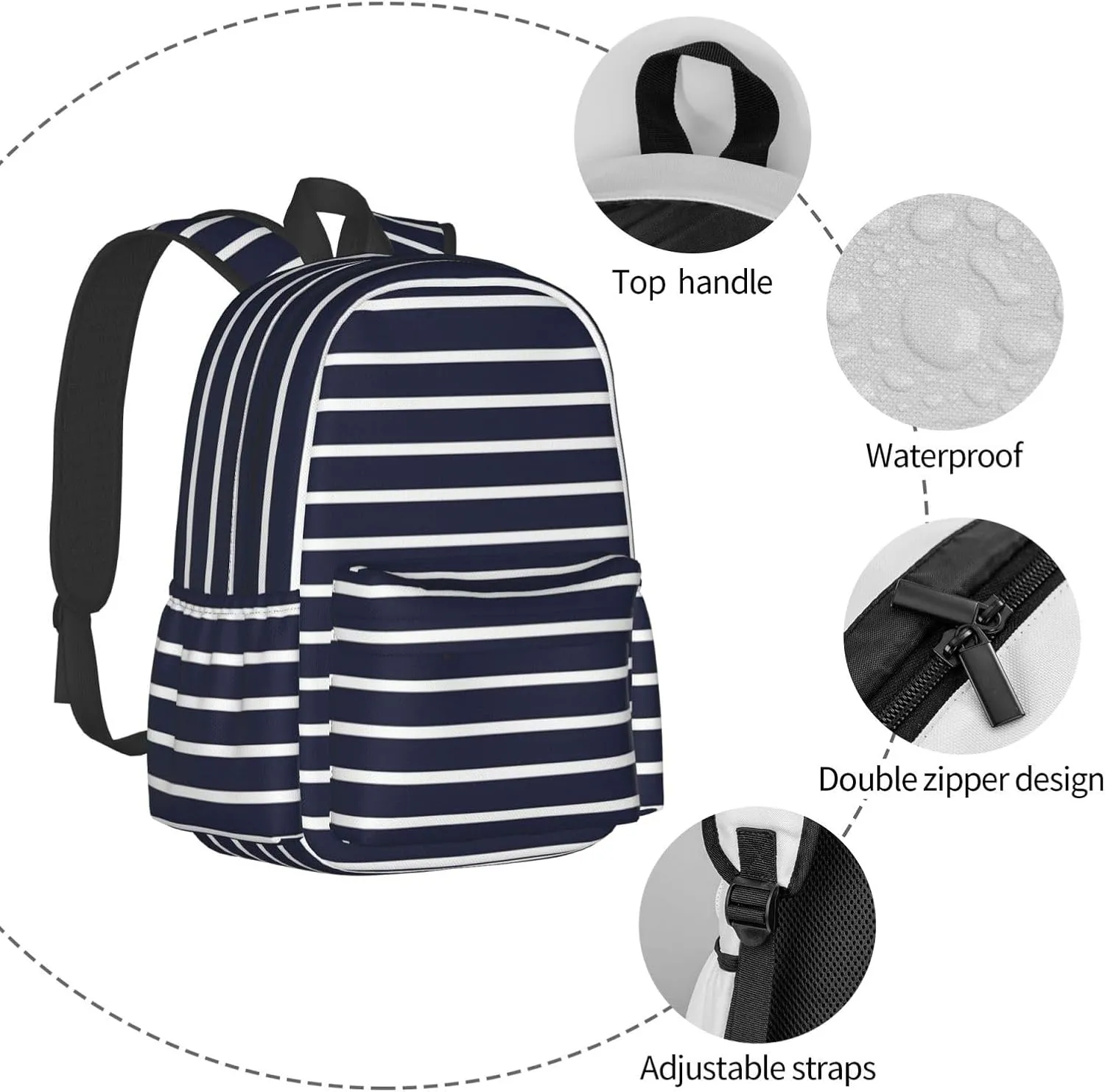 Classic Navy Blue And White Stripes Horizontal Striped Laptop Backpacks Double Shoulder Laptop Pack Bag Casual Back Pack Lightweight Daypack Bags With Side Pockets For Business Travel Hiking