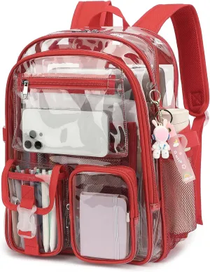 Clear Backpack Heavy Duty Transparent Backpacks Stadium Approved for School Work Sport Travel (Red)