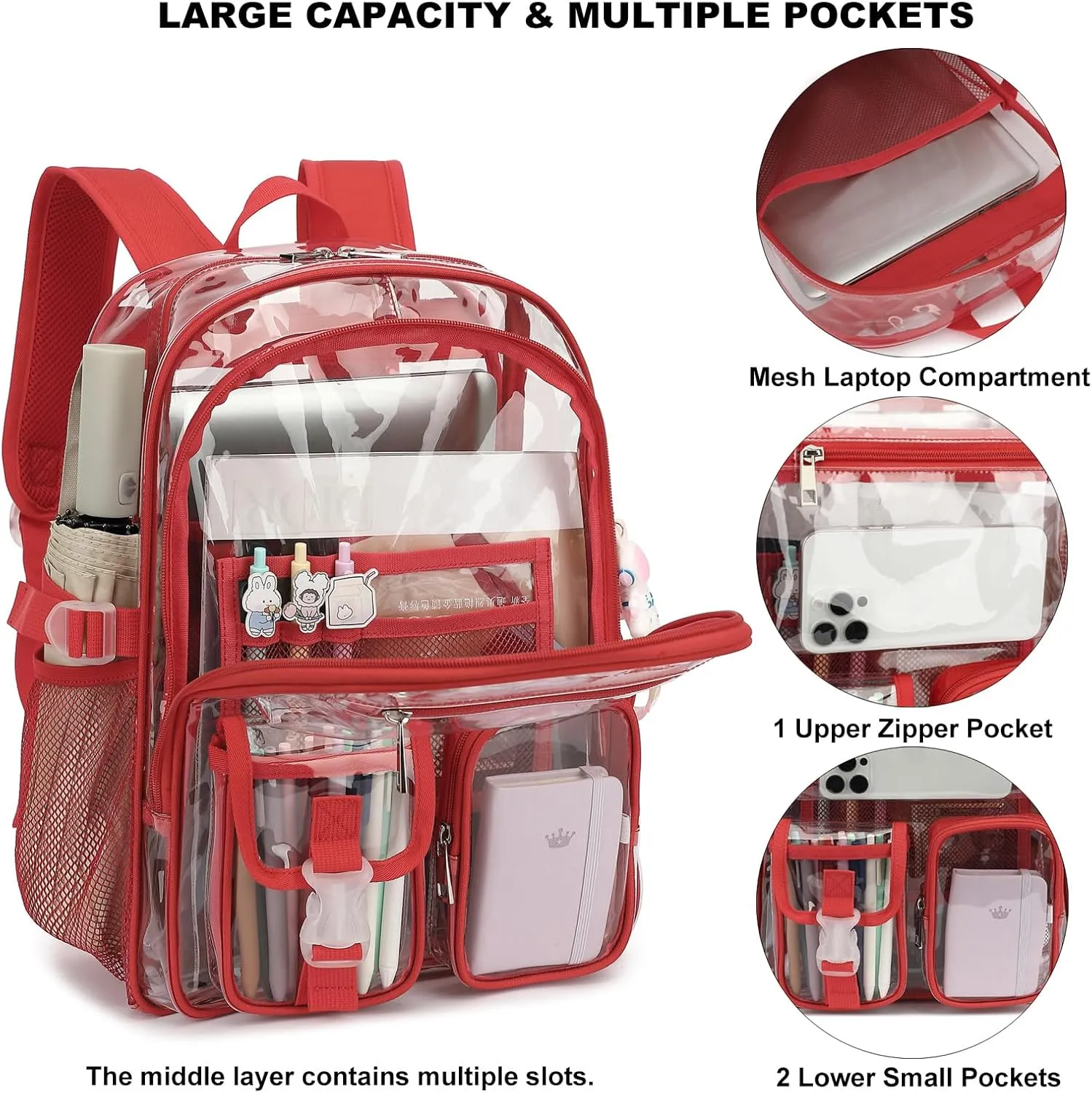 Clear Backpack Heavy Duty Transparent Backpacks Stadium Approved for School Work Sport Travel (Red)