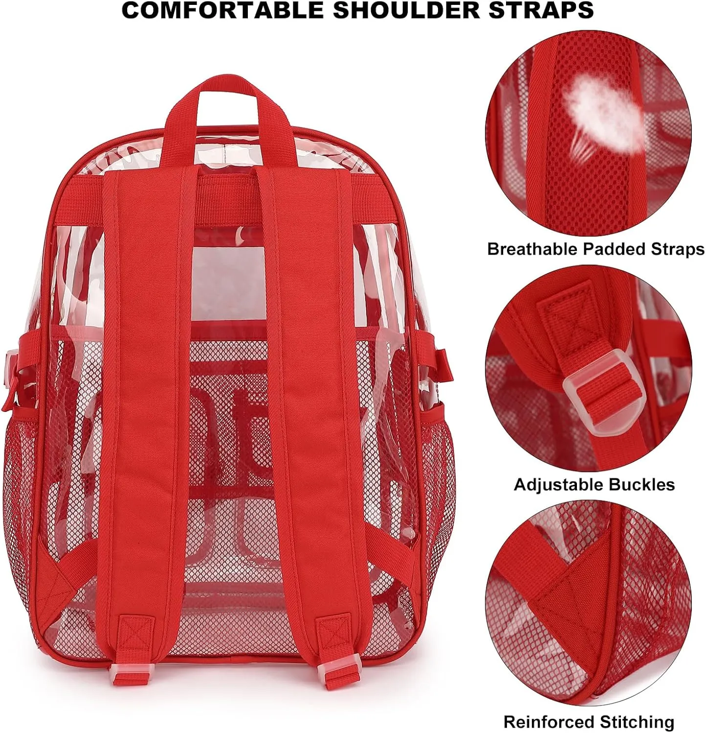 Clear Backpack Heavy Duty Transparent Backpacks Stadium Approved for School Work Sport Travel (Red)