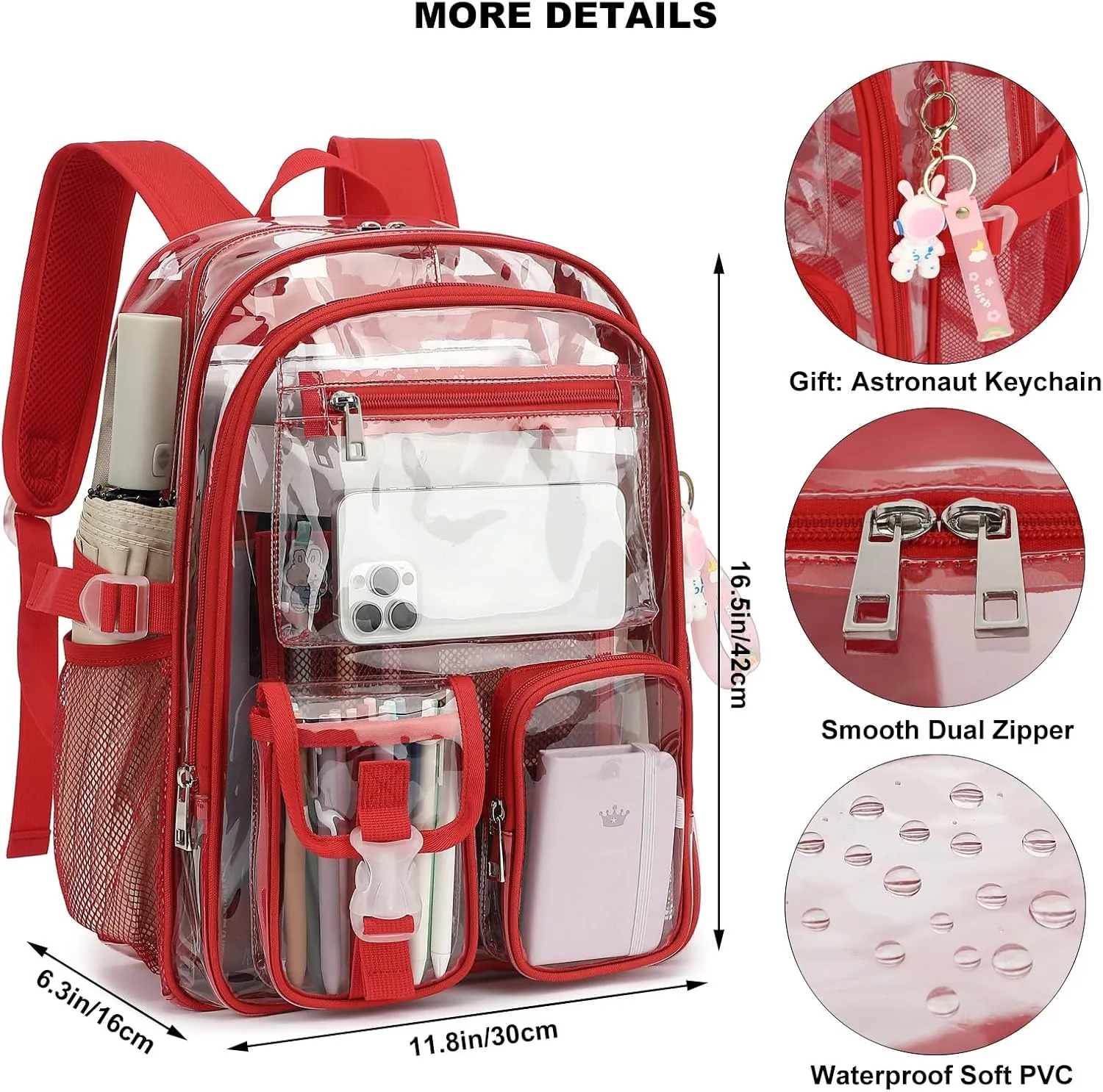Clear Backpack Heavy Duty Transparent Backpacks Stadium Approved for School Work Sport Travel (Red)