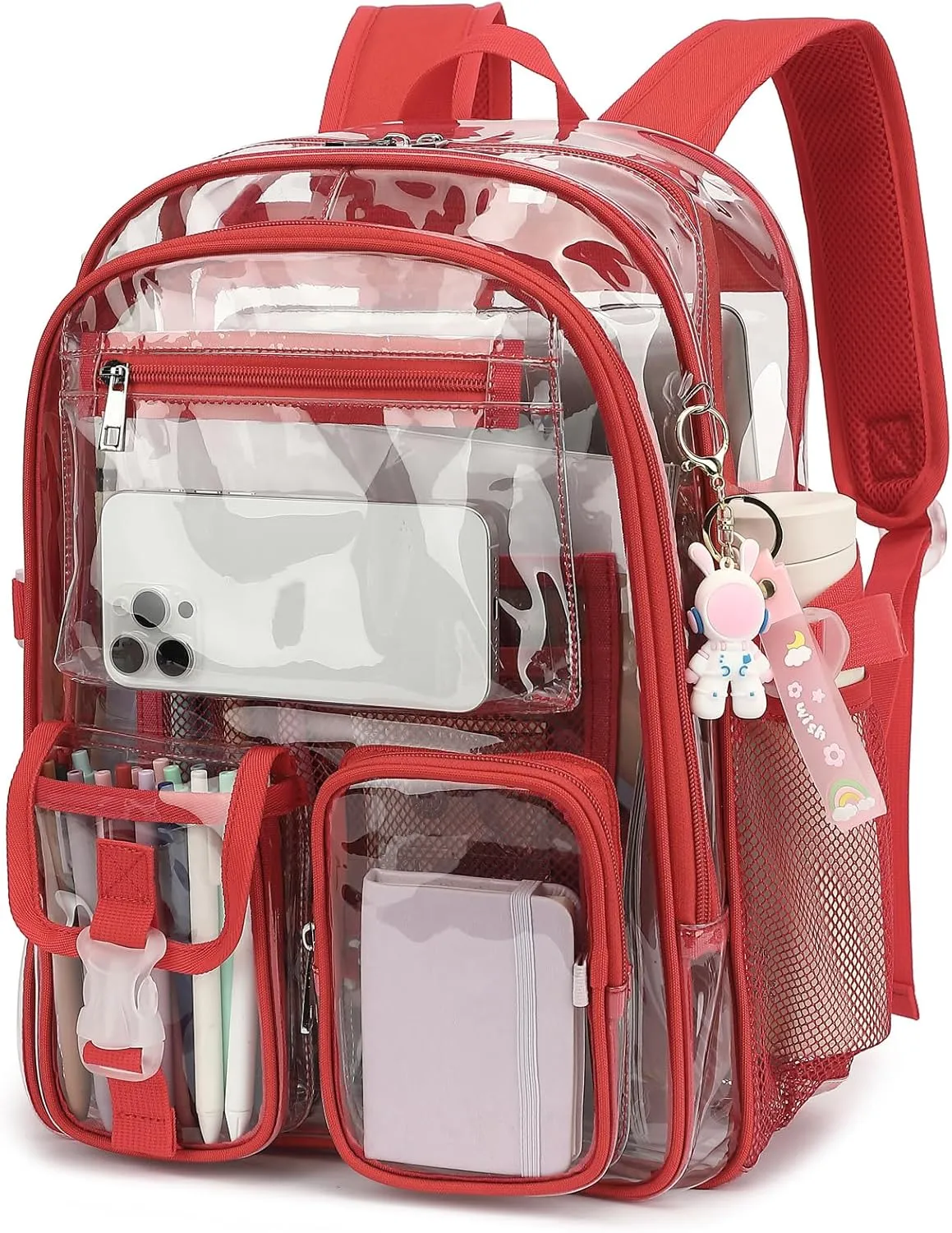 Clear Backpack Heavy Duty Transparent Backpacks Stadium Approved for School Work Sport Travel (Red)