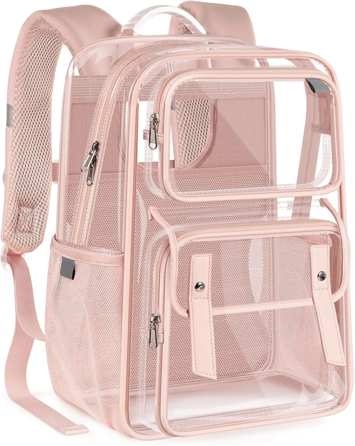 Clear Backpack Heavy Duty, Transparent Bookbag with Reinforced Straps Multi-pockets PVC See Through Backpacks for College Work Travel - Pink