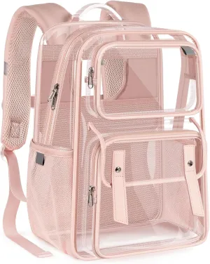 Clear Backpack Heavy Duty, Transparent Bookbag with Reinforced Straps Multi-pockets PVC See Through Backpacks for College Work Travel - Pink