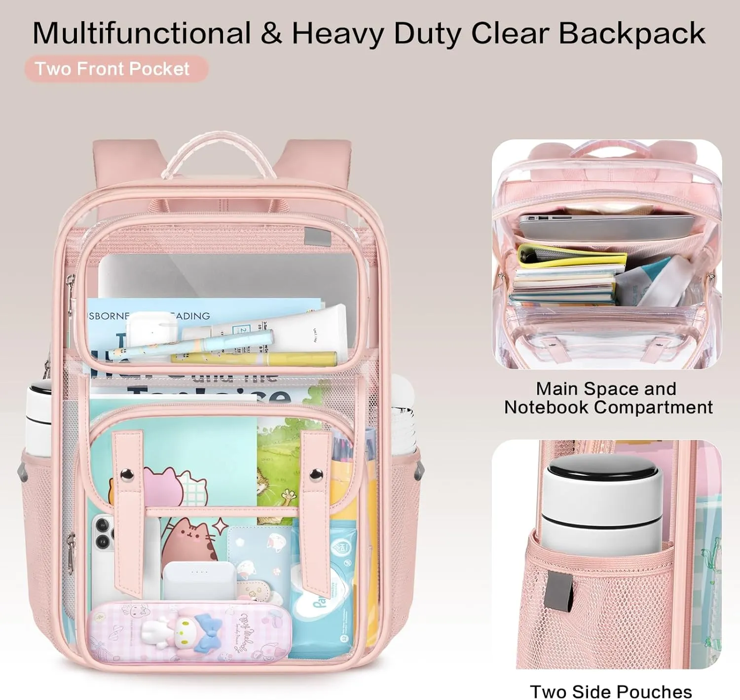 Clear Backpack Heavy Duty, Transparent Bookbag with Reinforced Straps Multi-pockets PVC See Through Backpacks for College Work Travel - Pink