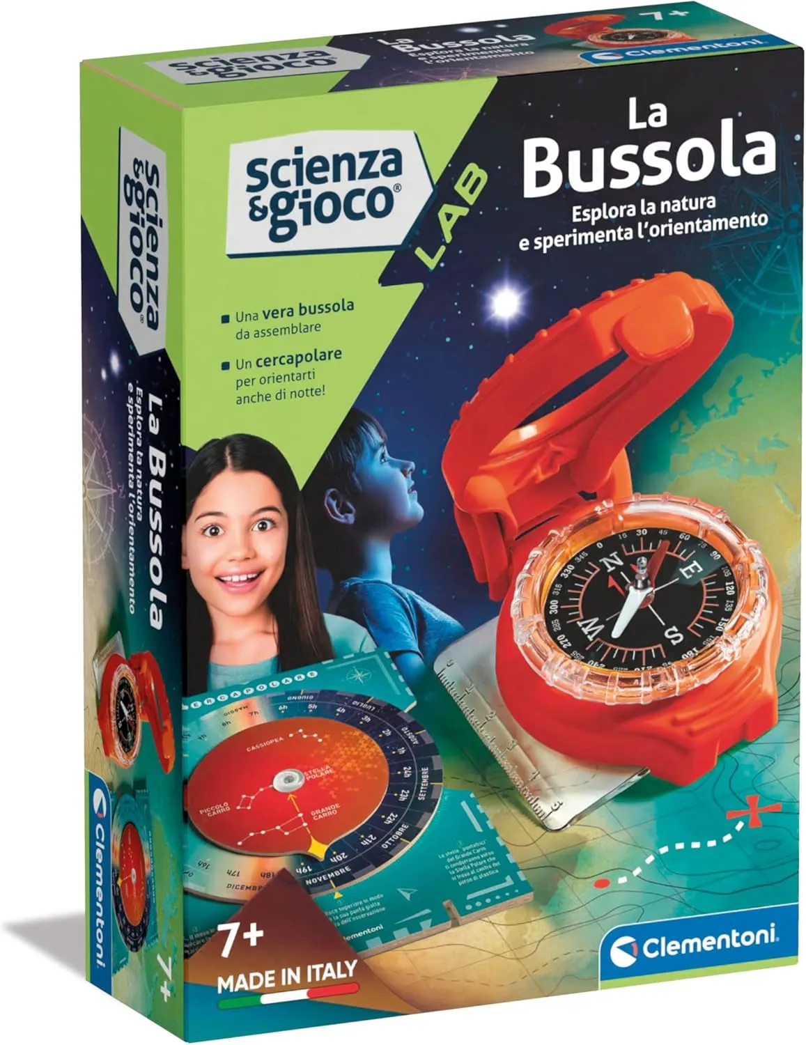 Clementoni Spiel Lab Orientation - Scientific Laboratory 7 Years, Experiments of Science, Magnetism, Compass Children to Assemble, in Italian, Made in Italy, Multi-Colour, 19376