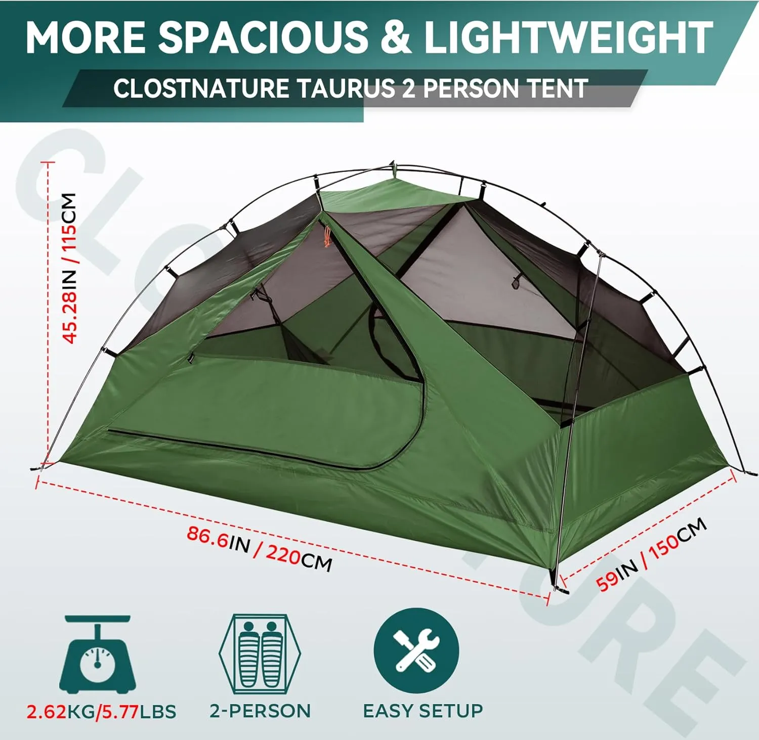 Clostnature Taurus 2 Person Backpacking Tent - Lightweight Two Person Tent for Backpacking, Easy Set Up Waterproof Camping Tent for Adults, Kids, Scouts, Large Size Outdoor, Hiking Gear