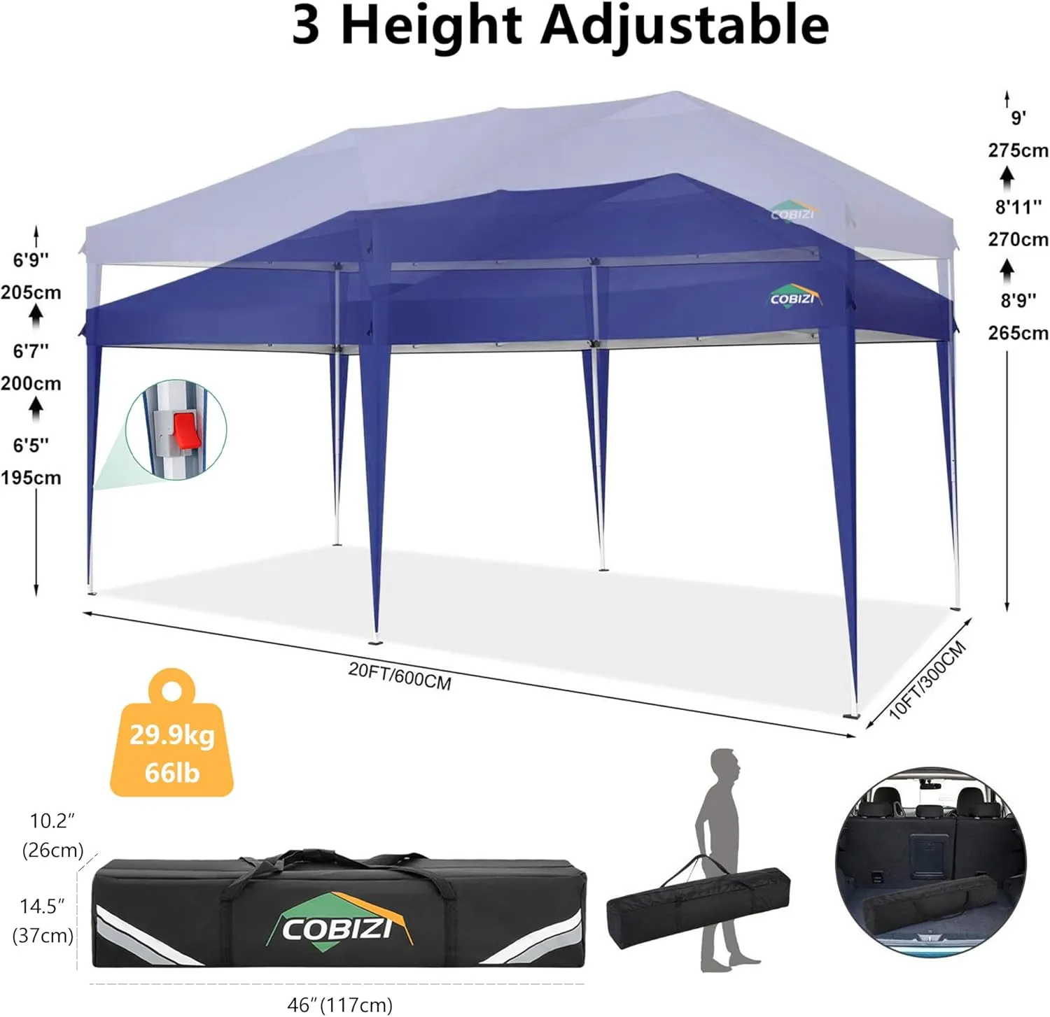 COBIZI 10x20 Pop Up Canopy Tent with Removable Sidewalls Waterproof Commercial Instant Shelter Outdoor Gazebo Party Tent Protable Canopy Tents for Parties with Carry Bag (Navy Blue, 10'x20')