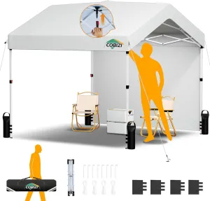 COBIZI Canopy Tent 10x10 Pop Up Canopy with One Button Push Center Lock, Portable Carport with 1 sidewall, 10x10 Carport Canopy for Parties, Commercial, Events, Waterproof, UPF 50 , White
