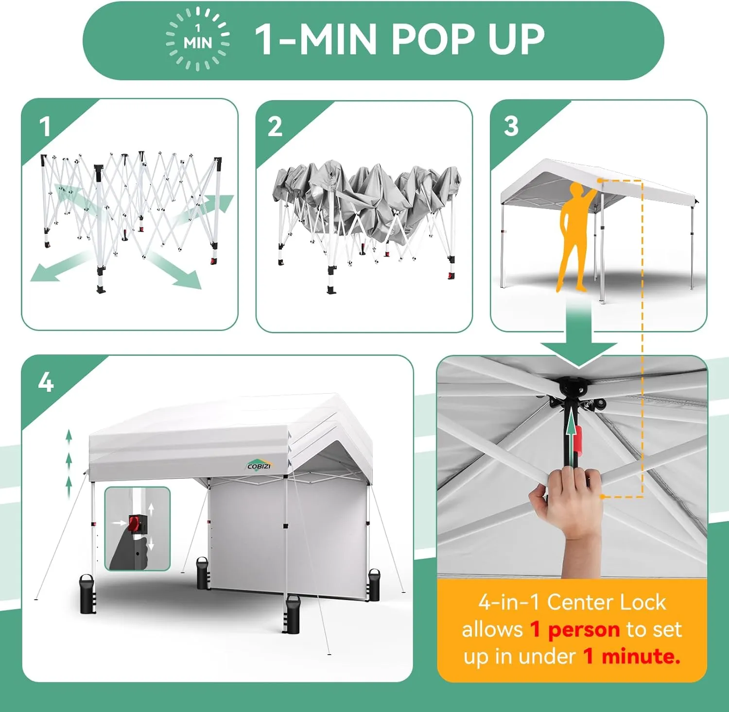 COBIZI Canopy Tent 10x10 Pop Up Canopy with One Button Push Center Lock, Portable Carport with 1 sidewall, 10x10 Carport Canopy for Parties, Commercial, Events, Waterproof, UPF 50 , White