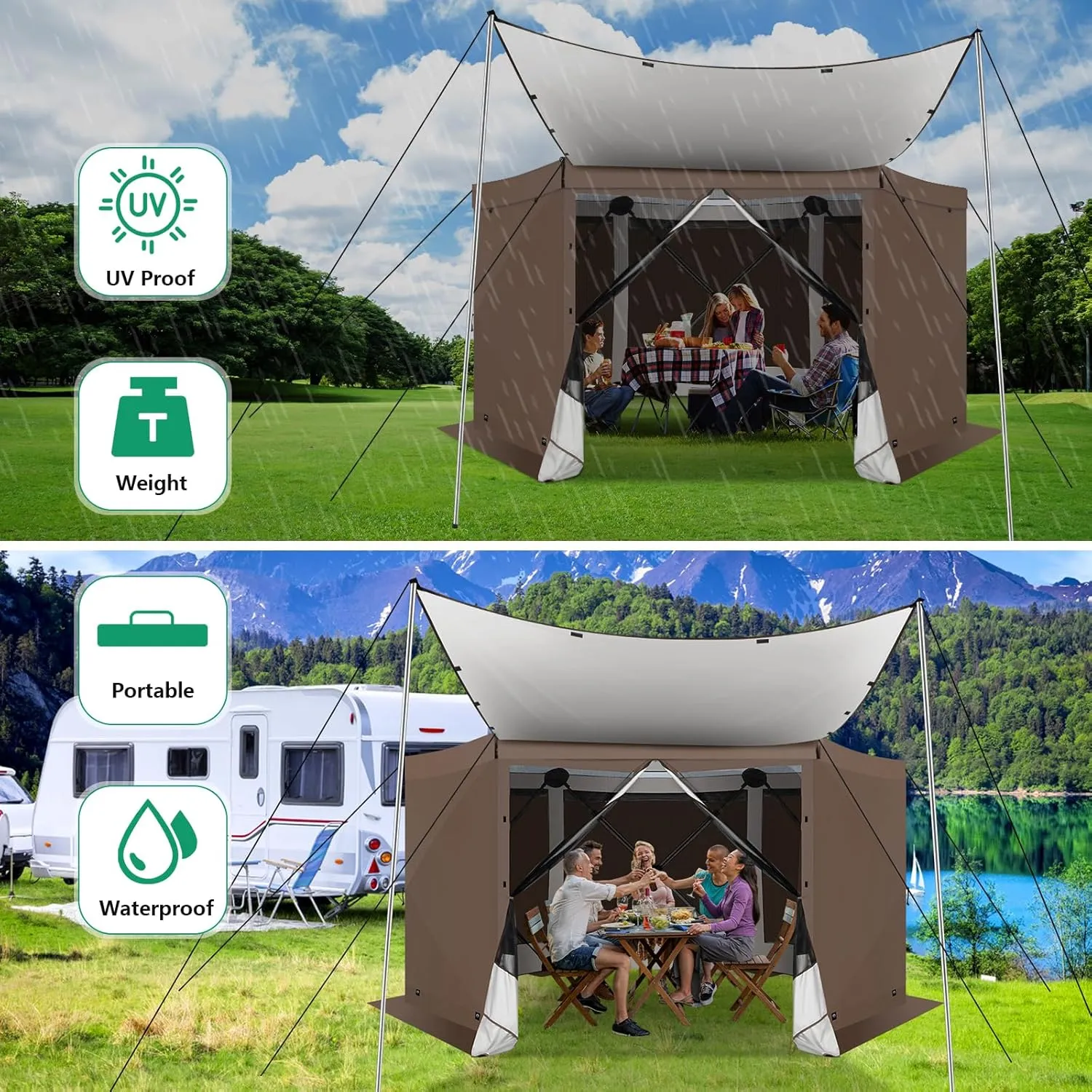 COBIZI Pop Up Gazebo Screen Tent Screen House for Camping, 12x12 Screen Room with Mosquito Netting, Hub Tent Instant Screened Canopy with Carrying Bag and Ground Stakes, Brown