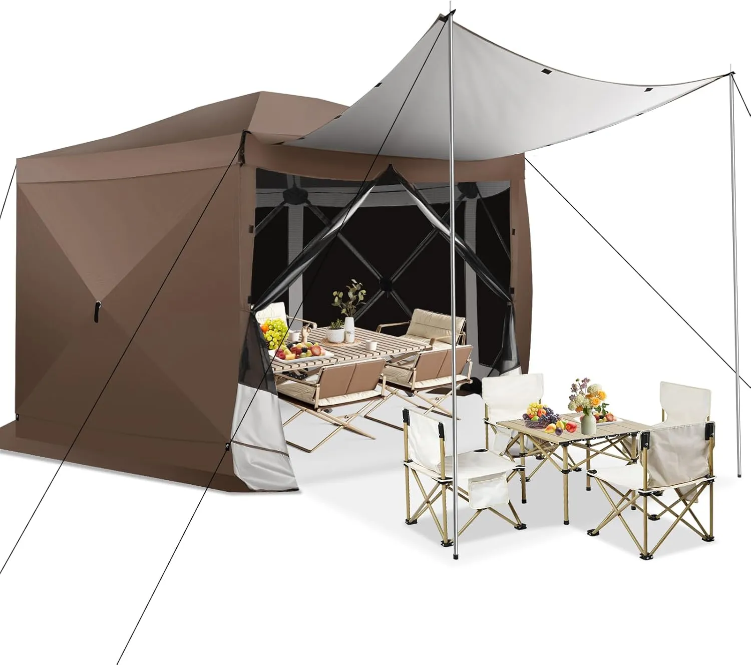 COBIZI Pop Up Gazebo Screen Tent Screen House for Camping, 12x12 Screen Room with Mosquito Netting, Hub Tent Instant Screened Canopy with Carrying Bag and Ground Stakes, Brown