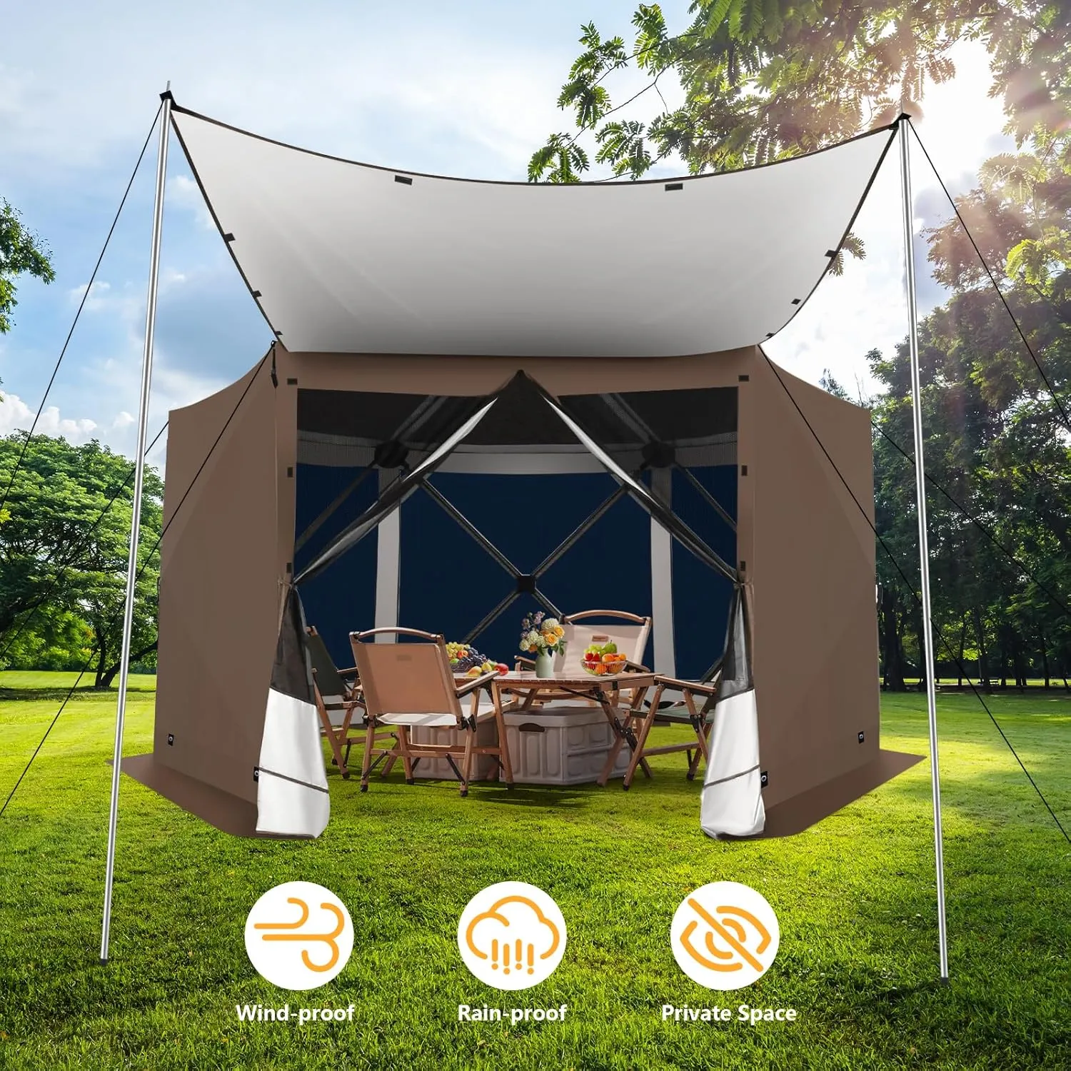 COBIZI Pop Up Gazebo Screen Tent Screen House for Camping, 12x12 Screen Room with Mosquito Netting, Hub Tent Instant Screened Canopy with Carrying Bag and Ground Stakes, Brown