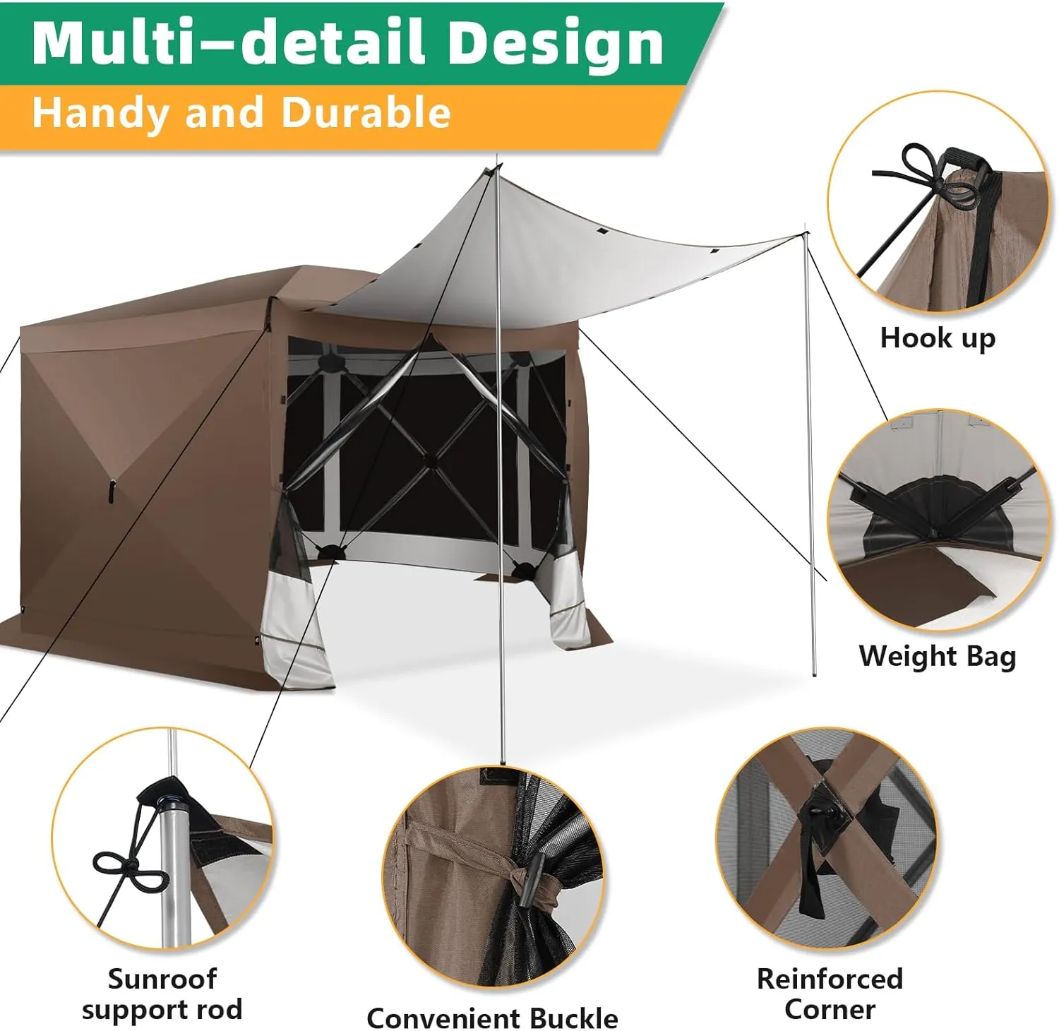 COBIZI Pop Up Gazebo Screen Tent Screen House for Camping, 12x12 Screen Room with Mosquito Netting, Hub Tent Instant Screened Canopy with Carrying Bag and Ground Stakes, Brown