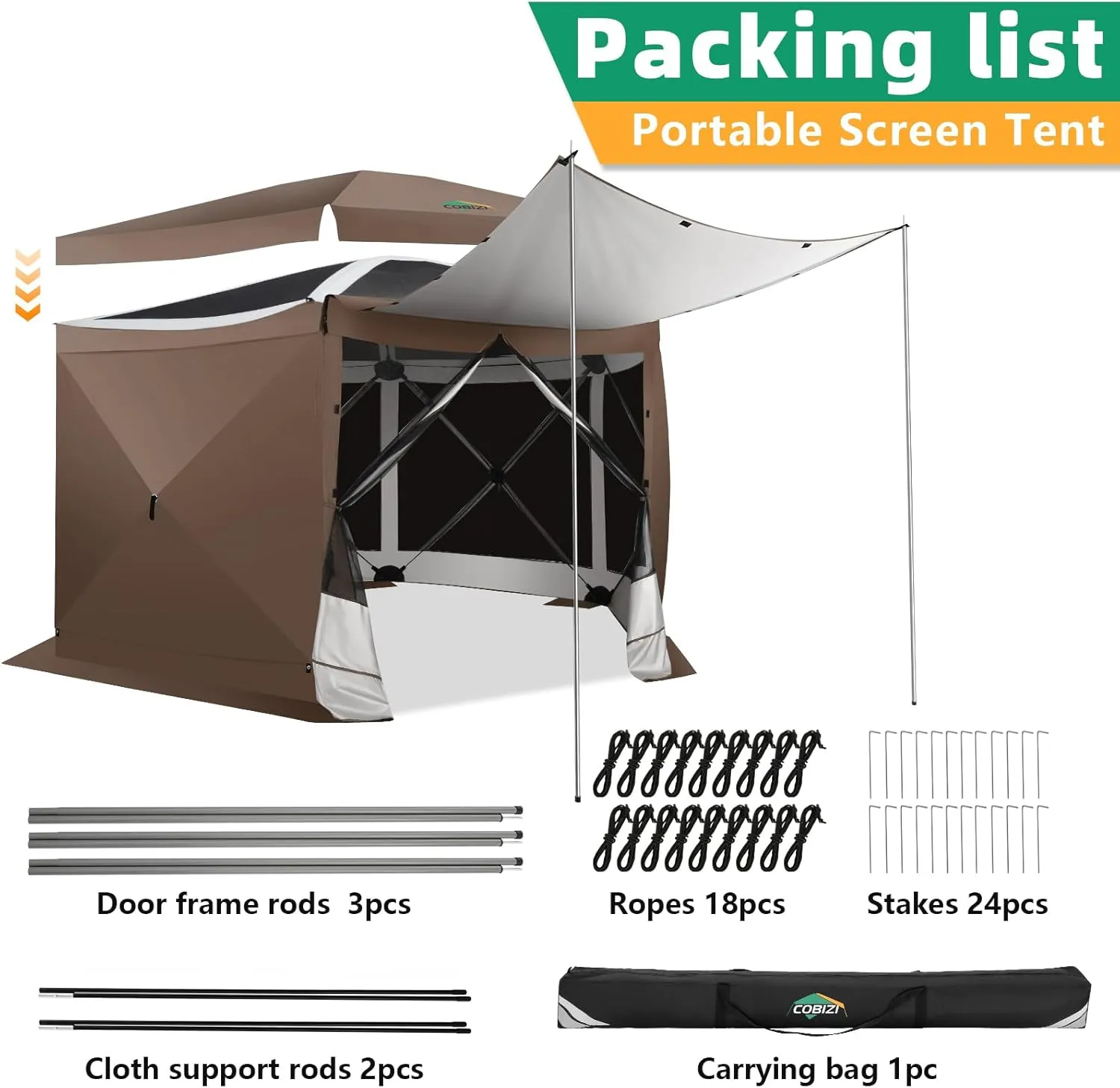 COBIZI Pop Up Gazebo Screen Tent Screen House for Camping, 12x12 Screen Room with Mosquito Netting, Hub Tent Instant Screened Canopy with Carrying Bag and Ground Stakes, Brown