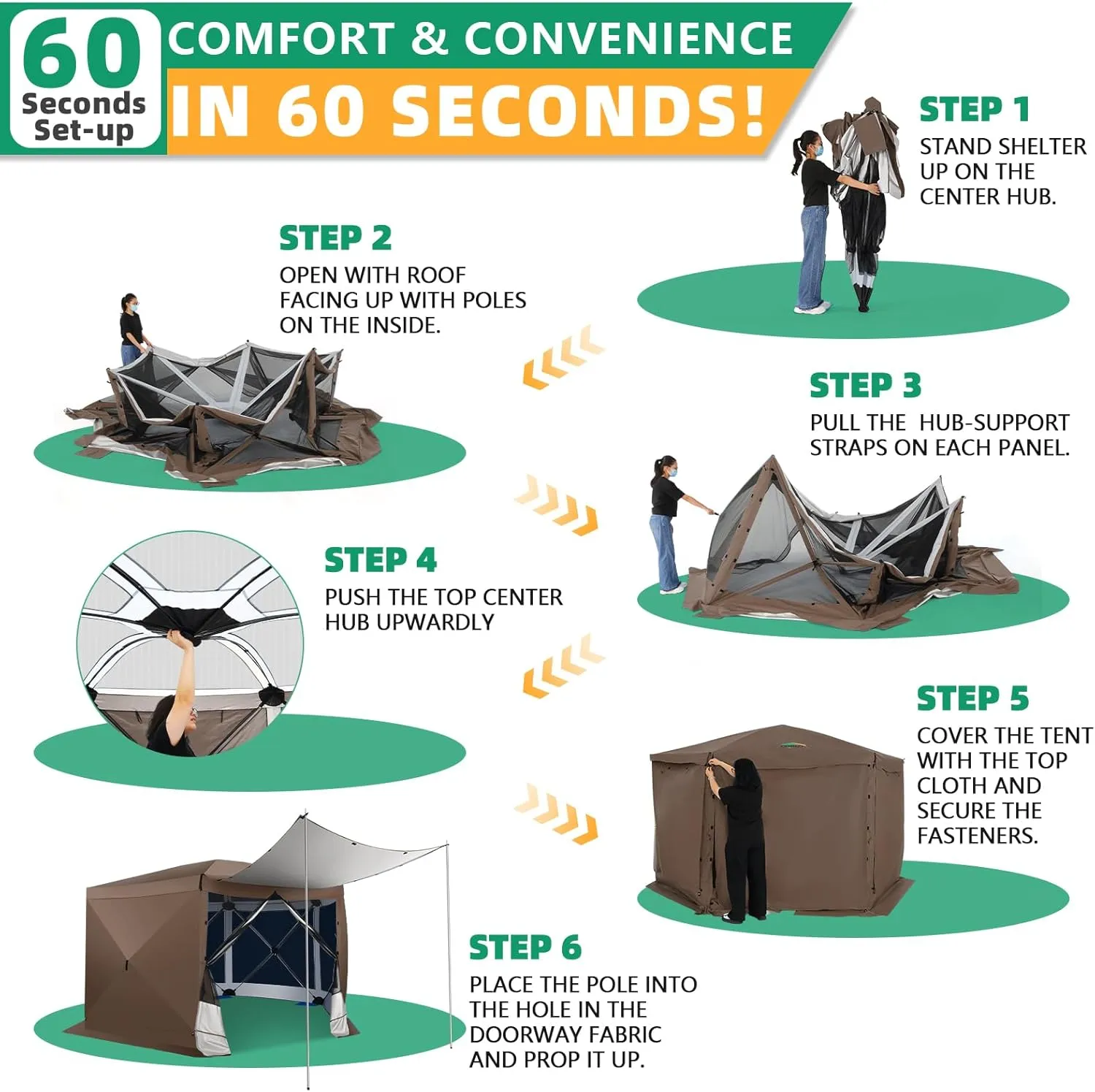 COBIZI Pop Up Gazebo Screen Tent Screen House for Camping, 12x12 Screen Room with Mosquito Netting, Hub Tent Instant Screened Canopy with Carrying Bag and Ground Stakes, Brown
