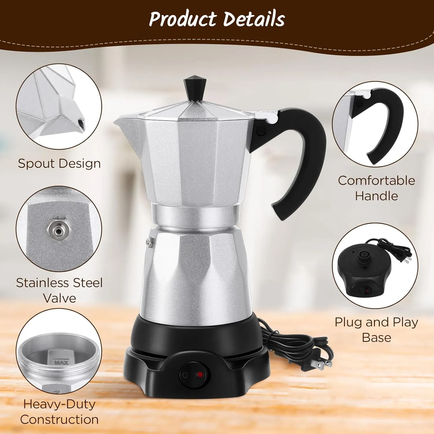 Coffee Pot 6 Cup Electric Espresso Coffee Maker Italian Moka Maker 300ml Portable Aluminum Espresso Machine Cafetera Moka Pot with Detachable Base, Gift for Home Travel(Aluminum Color)