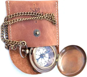 Collectible Maritime 1.8 inch Copper Antique Marine Pocket Compass, On Chain with Leather Case. Gift Compass Christmas, Birthday, Any Occassion by New Lite Hub. Copper Antique.