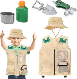 Coloch 5 Pcs Explorer Costume Kit for Kids, Kid Safari Outfit Set Children Pretend Play Costumes Including Cargo Vest, Hat, for Role Play as Zoo Keeper, Paleontologist, Park Ranger, for Boy& Girl 3-7