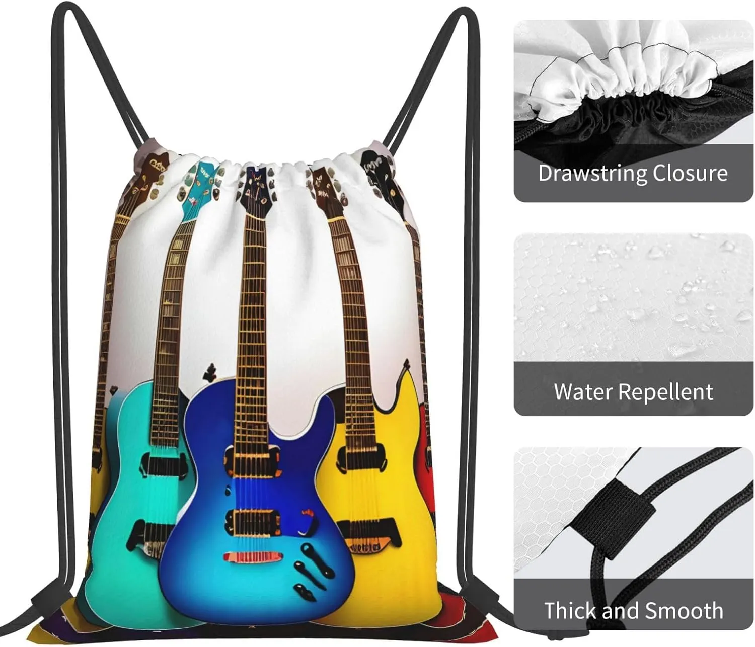 Colorful Guitars Print Sports Drawstring Backpack,Water Resistant Bag, Gym Backpack for Women Men