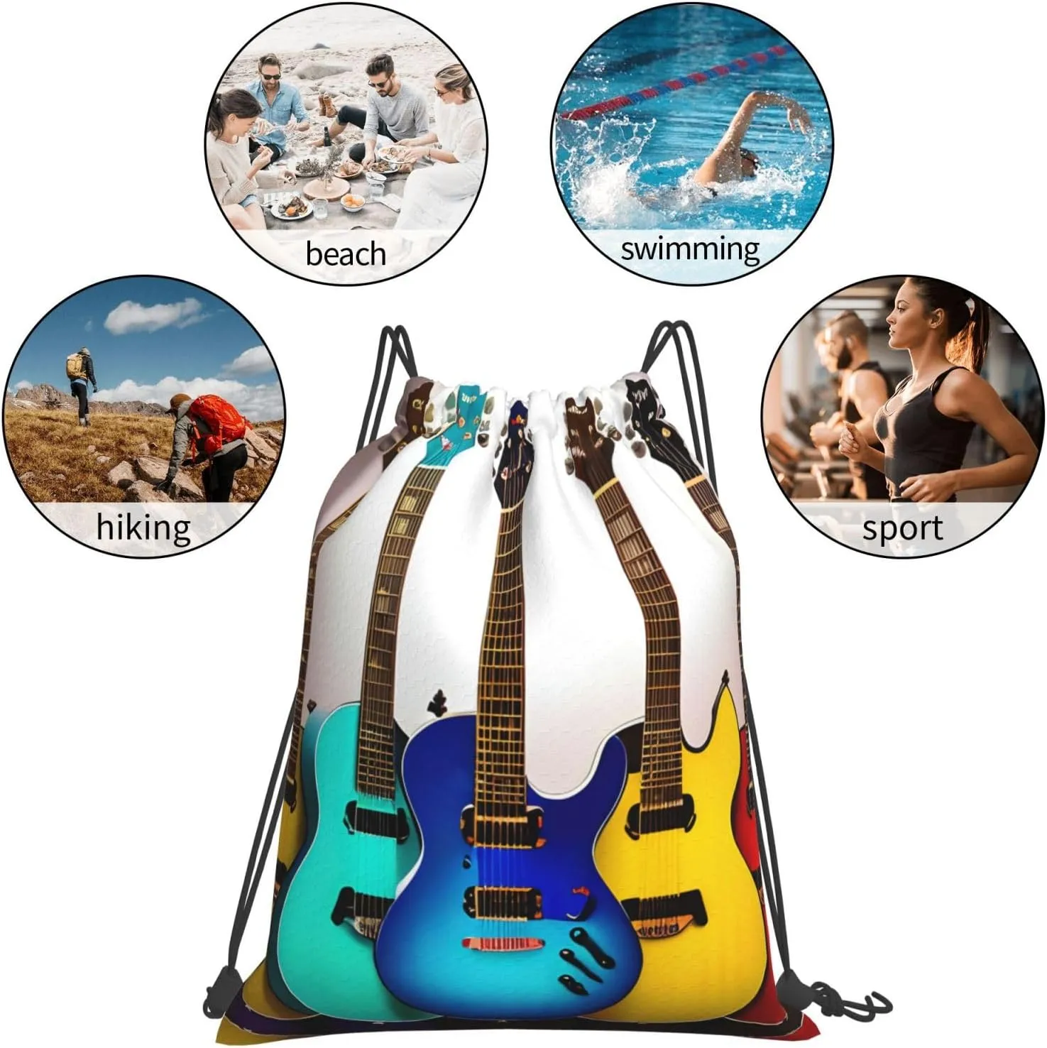 Colorful Guitars Print Sports Drawstring Backpack,Water Resistant Bag, Gym Backpack for Women Men